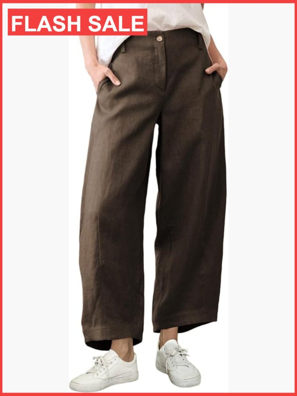 Womens Linen Pants Wide Leg High Rise Capri Elastic Waist Pockets Ankle Length